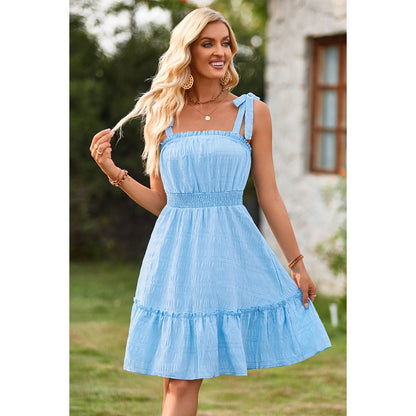 Sleeveless Square Neck Elastic Waist Ruffle Dress