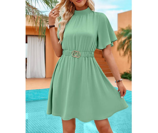 Solid Belt High Neck Belted Skater Dress | Dress - Women's | above the knee, Dress, F, new arrival, S | Elings