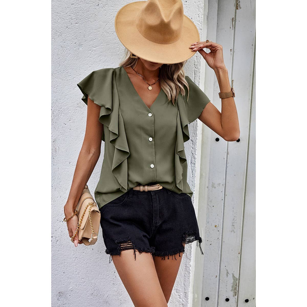 Solid Button Ruffle V Neck Fit Blouse