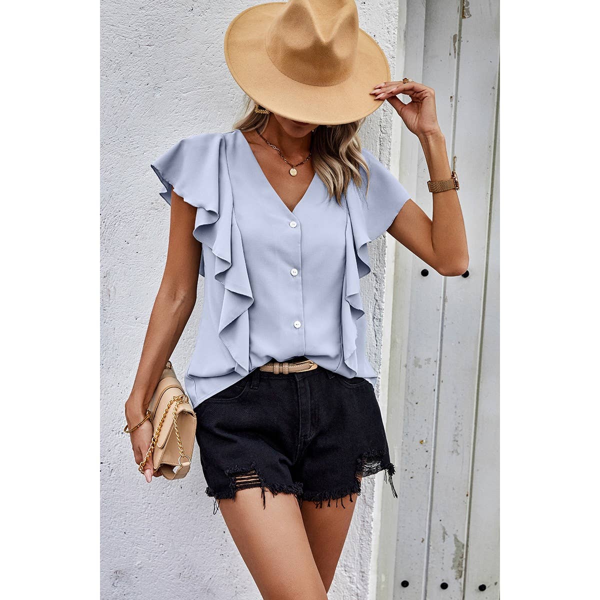 Solid Button Ruffle V Neck Fit Blouse