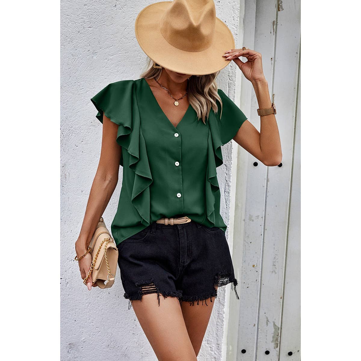 Solid Button Ruffle V Neck Fit Blouse