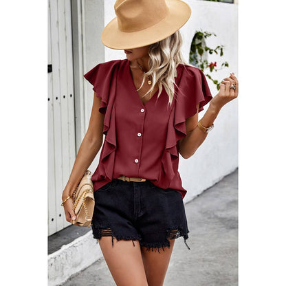 Solid Button Ruffle V Neck Fit Blouse