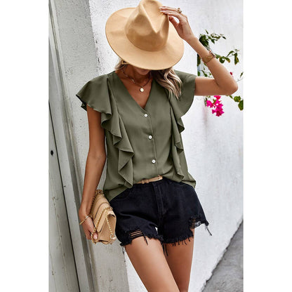 Solid Button Ruffle V Neck Fit Blouse