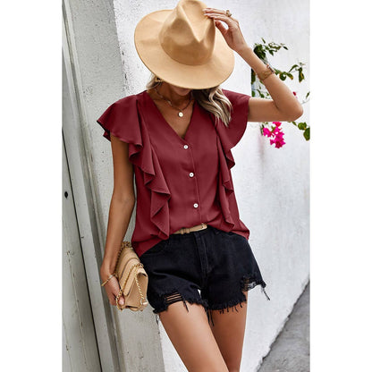 Solid Button Ruffle V Neck Fit Blouse