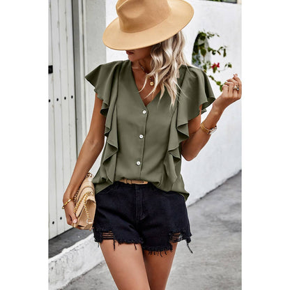 Solid Button Ruffle V Neck Fit Blouse