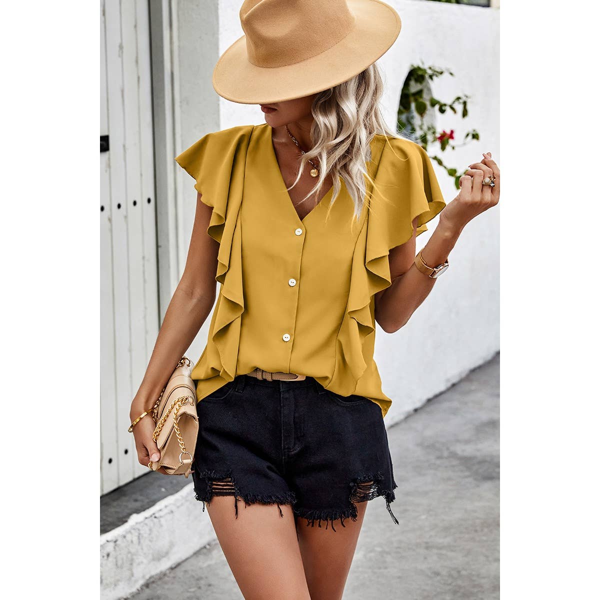 Solid Button Ruffle V Neck Fit Blouse