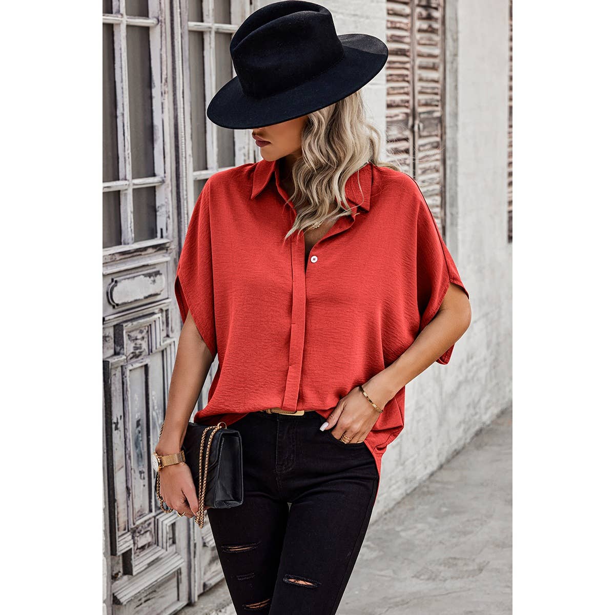 Solid Front Open Button Loose Fit Blouse