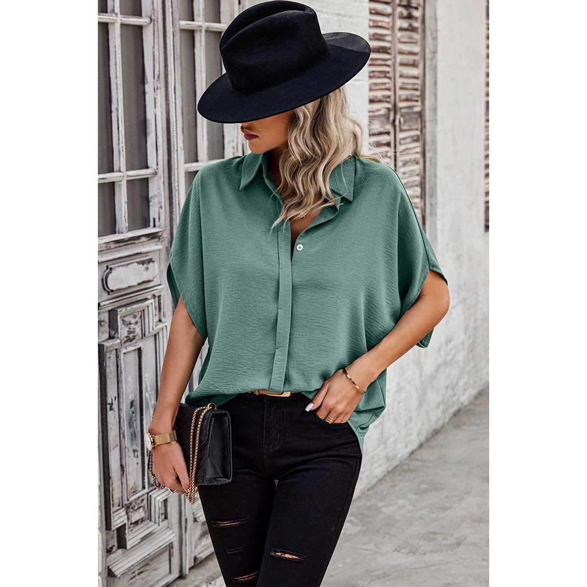 Solid Front Open Button Loose Fit Blouse