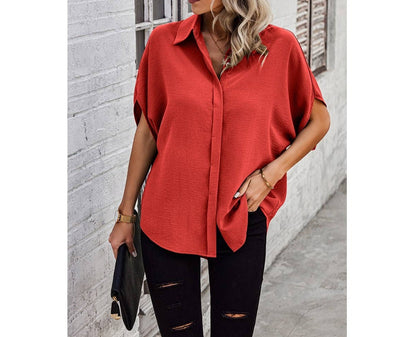 Solid Front Open Button Loose Fit Blouse | Blouse - Women's | F, new arrival, short sleeve top, Top | Elings