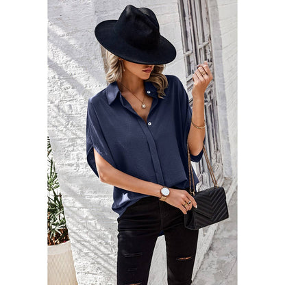 Solid Front Open Button Loose Fit Blouse