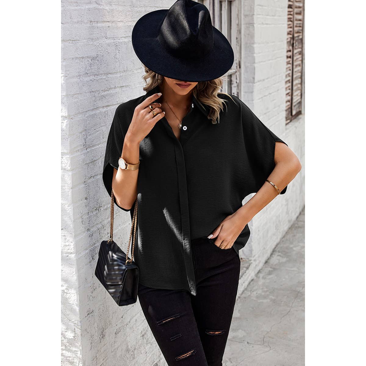 Solid Front Open Button Loose Fit Blouse