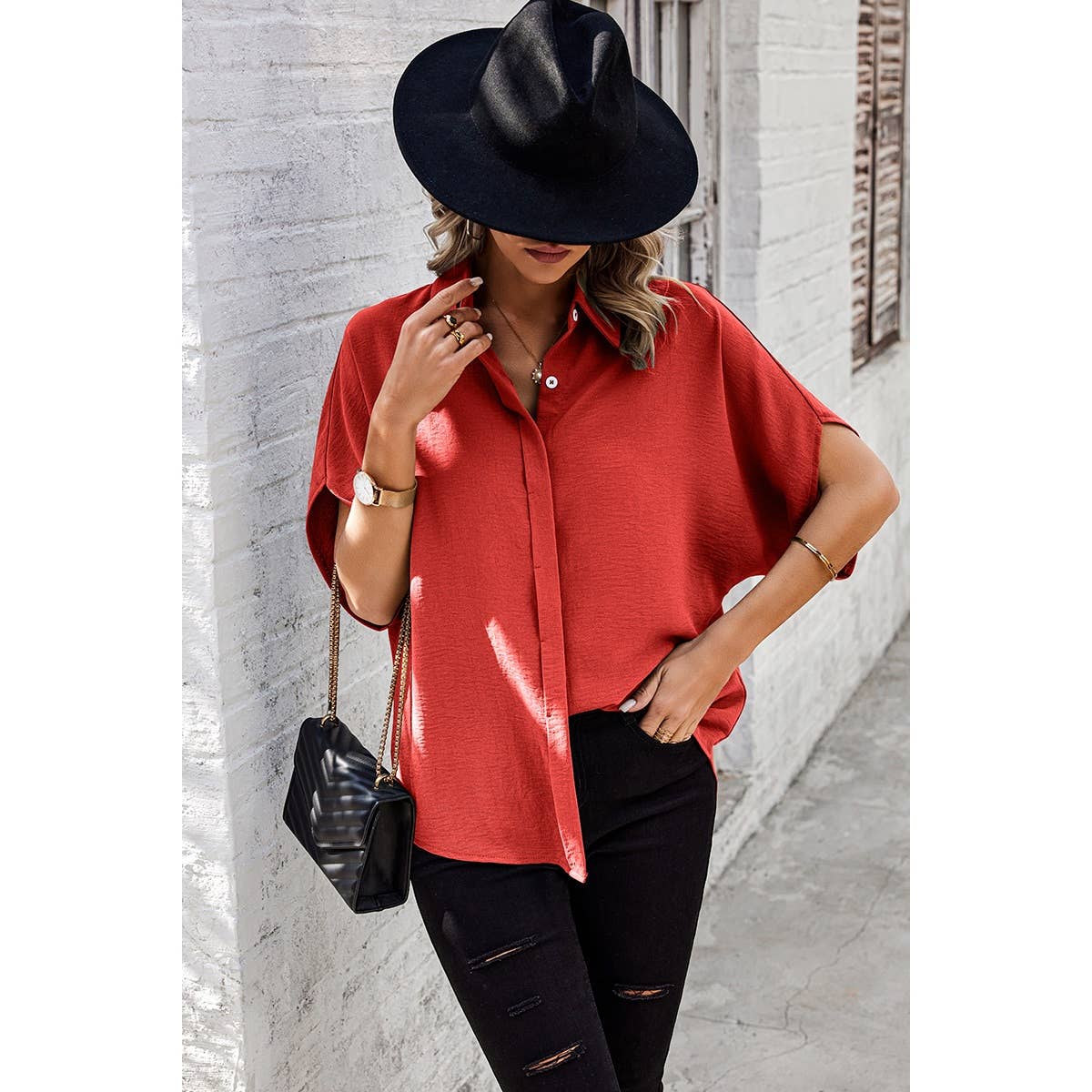 Solid Front Open Button Loose Fit Blouse