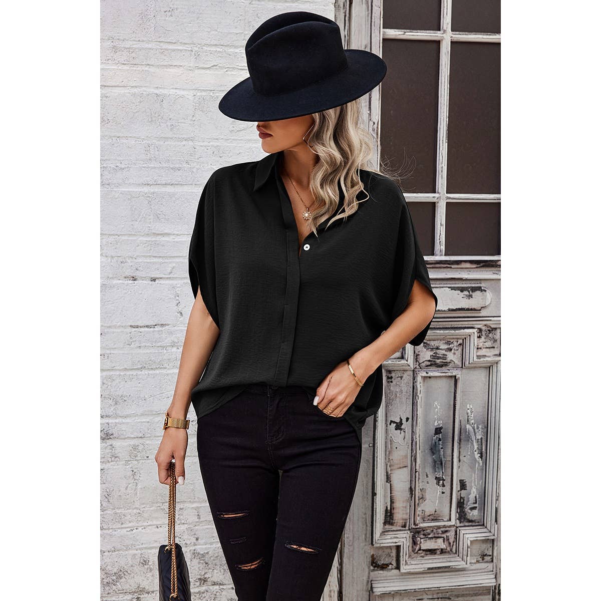 Solid Front Open Button Loose Fit Blouse