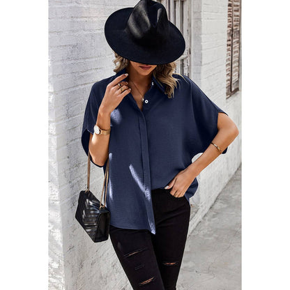 Solid Front Open Button Loose Fit Blouse