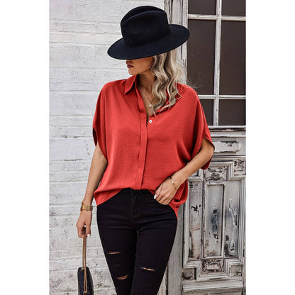 Solid Front Open Button Loose Fit Blouse