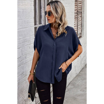 Solid Front Open Button Loose Fit Blouse