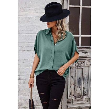 Solid Front Open Button Loose Fit Blouse