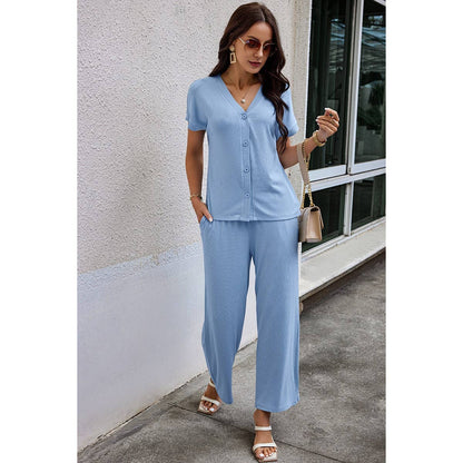 Contemporary Solid Knit Pockets Button Up Two-Piece V Neck Set