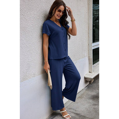 Contemporary Solid Knit Pockets Button Up Two-Piece V Neck Set