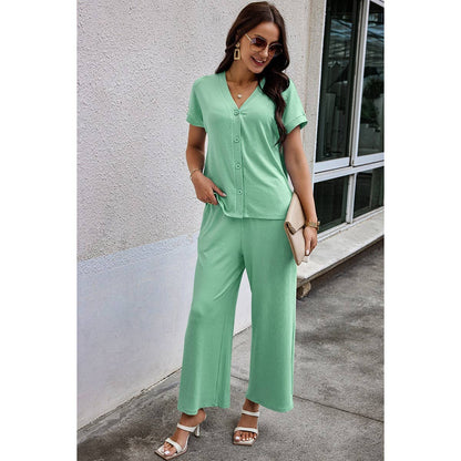 Contemporary Solid Knit Pockets Button Up Two-Piece V Neck Set