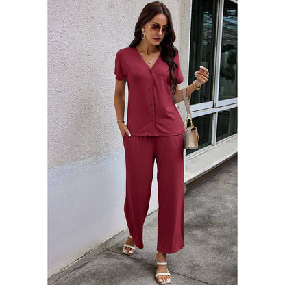 Contemporary Solid Knit Pockets Button Up Two-Piece V Neck Set