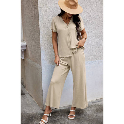 Contemporary Solid Knit Pockets Button Up Two-Piece V Neck Set