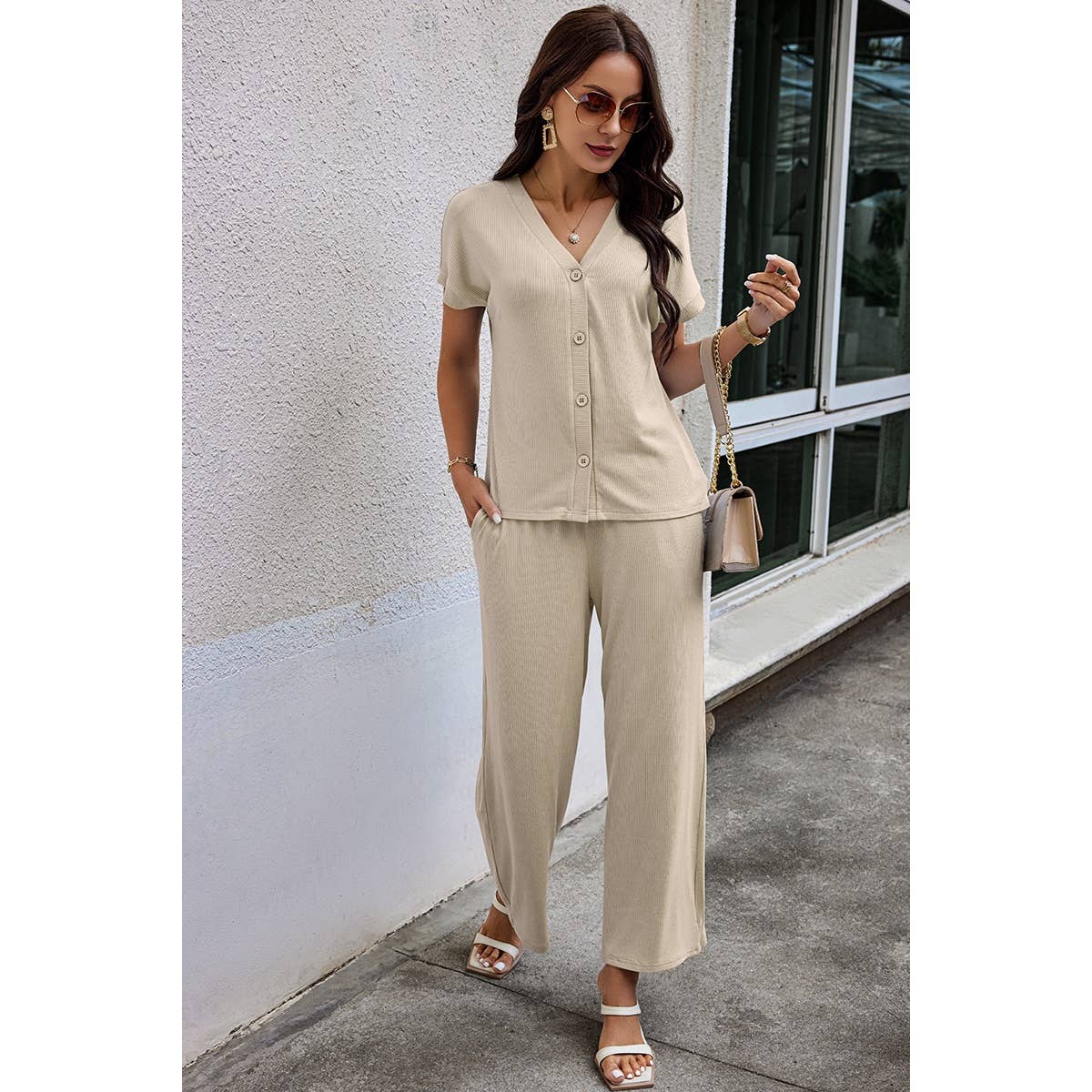 Contemporary Solid Knit Pockets Button Up Two-Piece V Neck Set