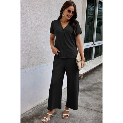 Contemporary Solid Knit Pockets Button Up Two-Piece V Neck Set