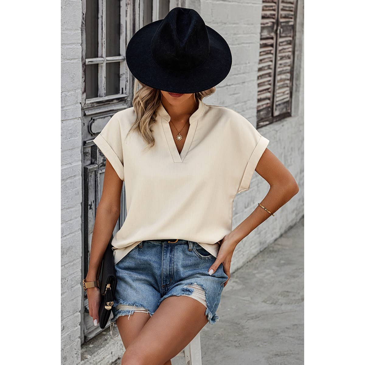 Solid Loose Fit Wide Sleeves V Neck Basic Blouse