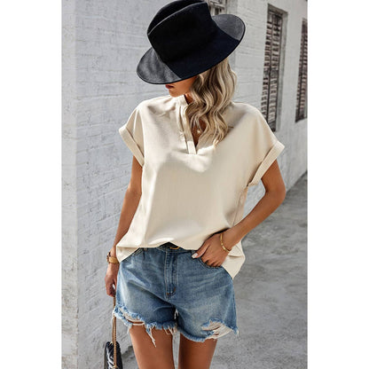 Solid Loose Fit Wide Sleeves V Neck Basic Blouse