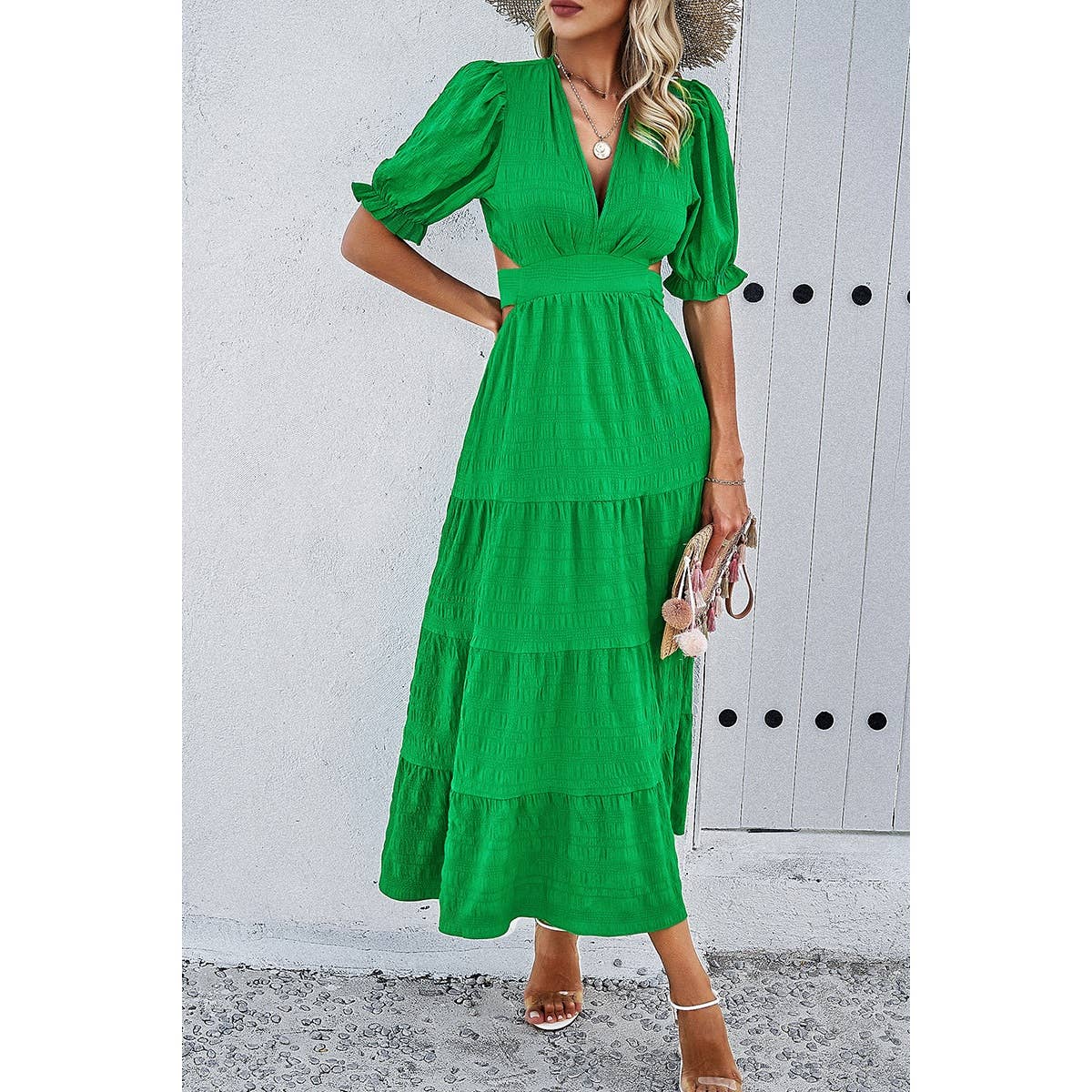 Solid Open Back Deep V Ruffle Puff Sleeves Dress