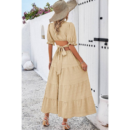 Solid Open Back Deep V Ruffle Puff Sleeves Dress