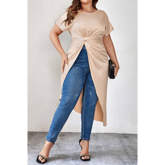 Solid Round Neck Loose Plus Size Knot Shirt | Blouse - Women's | F, new arrival, plus, Plus tops, shoppe247 | Elings