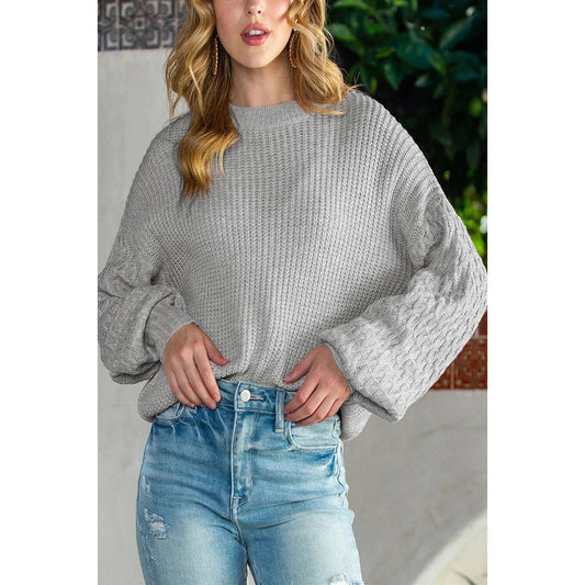 Solid Round Neck Loose Sleeve Rib Knit Sweater | Knit Sweater - Women's | F, new arrival, shoppe247, SWEATER, Sweaters | Elings