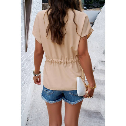 Solid Short Sleeves Button V Neck Belt Fit Top