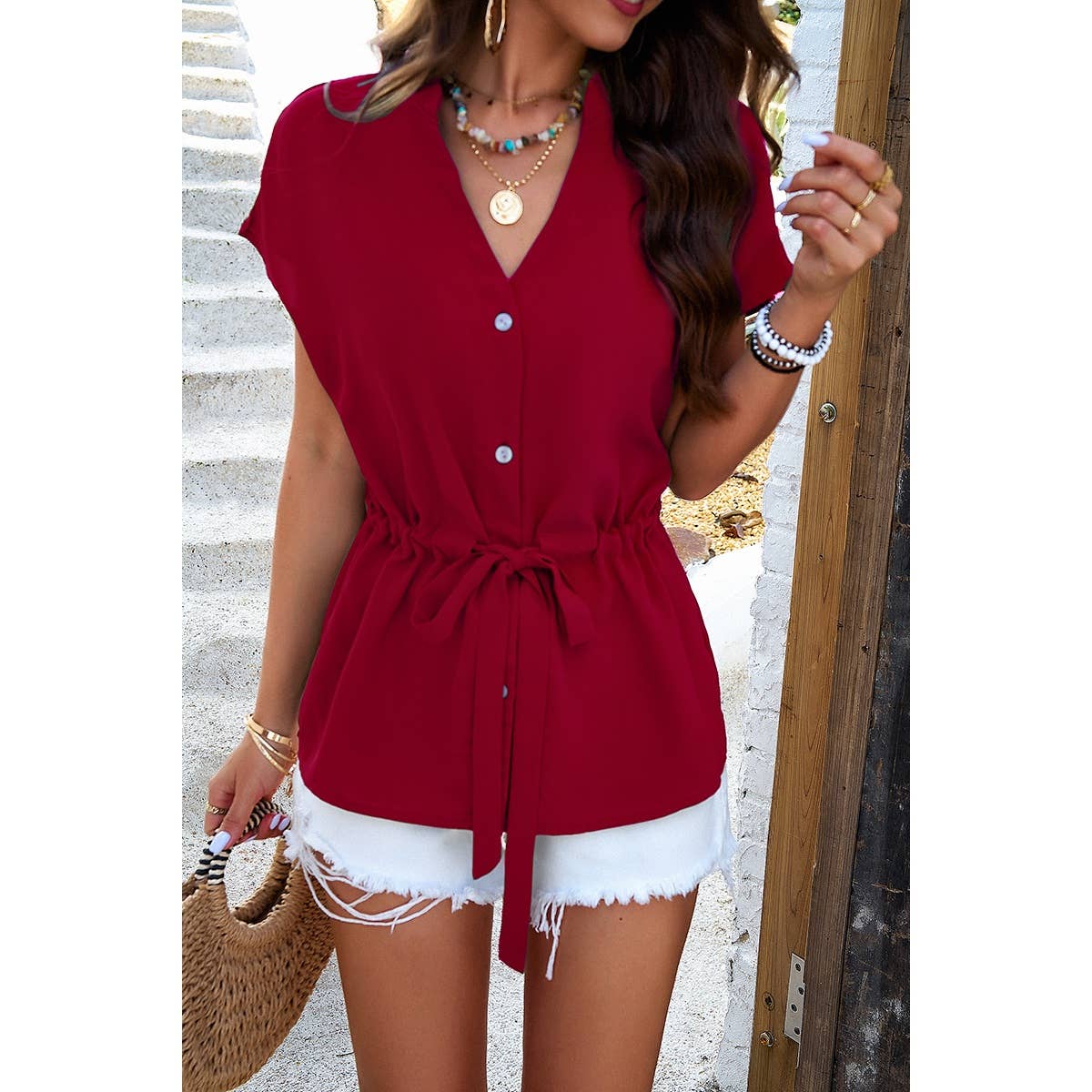 Solid Short Sleeves Button V Neck Belt Fit Top