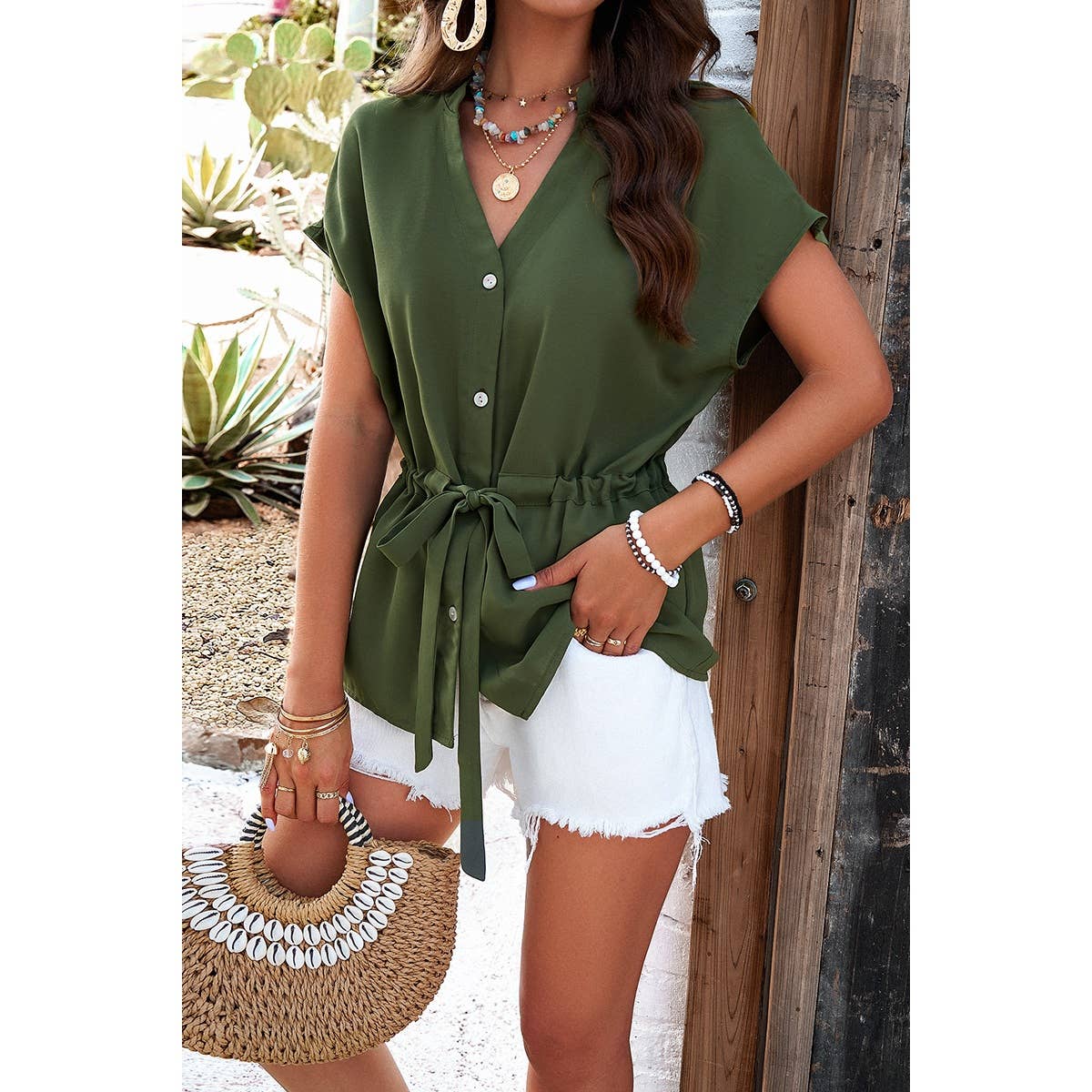 Solid Short Sleeves Button V Neck Belt Fit Top