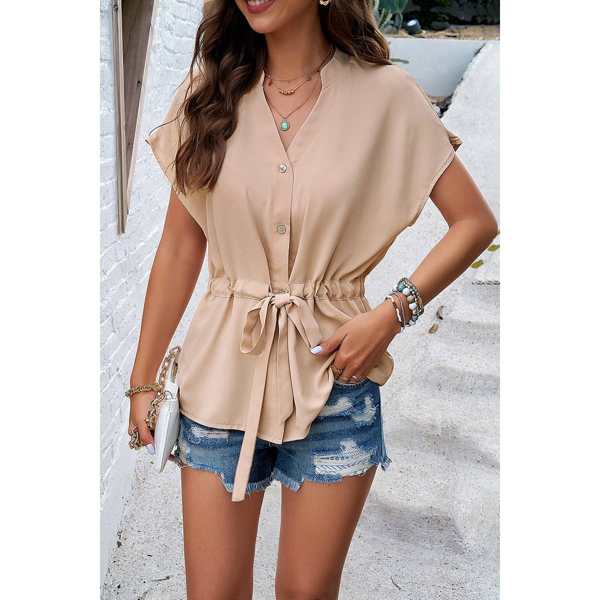 Solid Short Sleeves Button V Neck Belt Fit Top | Blouse - Women's | F, FEB 2024, new arrival, short sleeve top, Top | Elings