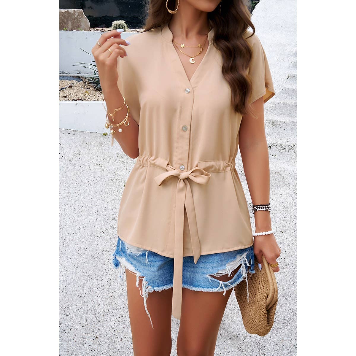 Solid Short Sleeves Button V Neck Belt Fit Top