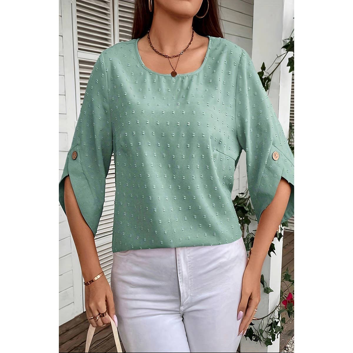 Solid Swiss Dot Round Neck Loose Button Trim Top - MVTFASHION.COM