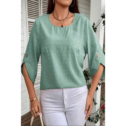 Solid Swiss Dot Round Neck Loose Button Trim Top - MVTFASHION.COM