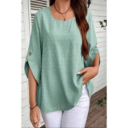 Solid Swiss Dot Round Neck Loose Button Trim Top - MVTFASHION.COM