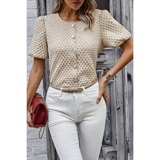 Solid Textured Pearl Button Puff Sleeve Shirt | Blouse - Women's | F, new arrival, short sleeve top, Top | Elings