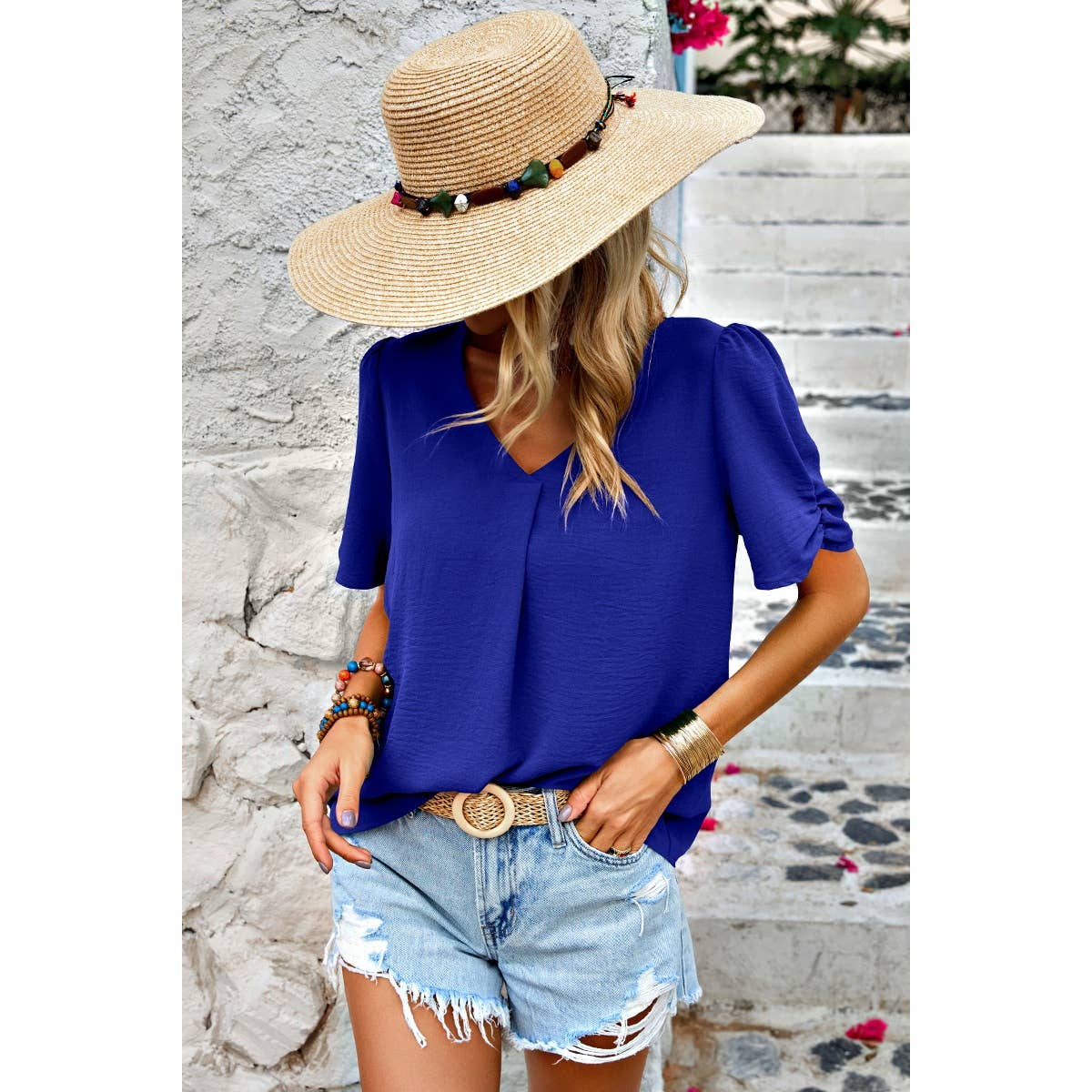 Solid V Neck Chiffon Basic Loose Fit Blouse