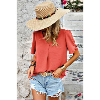 Solid V Neck Chiffon Basic Loose Fit Blouse