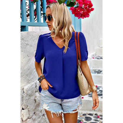 Solid V Neck Chiffon Basic Loose Fit Blouse