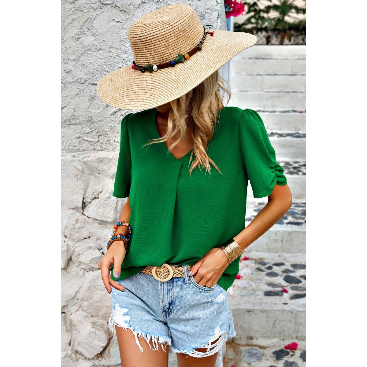 Solid V Neck Chiffon Basic Loose Fit Blouse