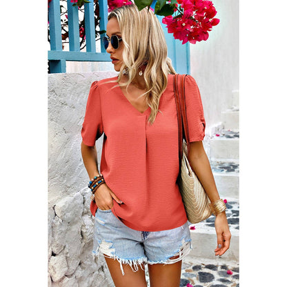 Solid V Neck Chiffon Basic Loose Fit Blouse