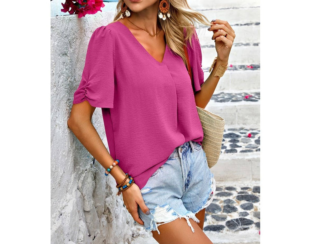 Solid V Neck Chiffon Basic Loose Fit Blouse | Blouse - Women's | F, new arrival, short sleeve top, Top | Elings