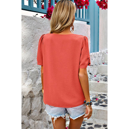 Solid V Neck Chiffon Basic Loose Fit Blouse